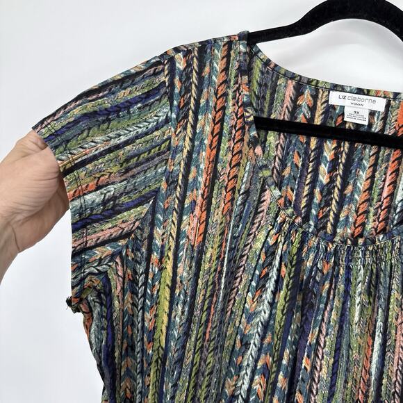 Liz Claiborne Woman top 3X Short Sleeve round neck colorful Boho Pattern Smocked - Picture 2 of 8
